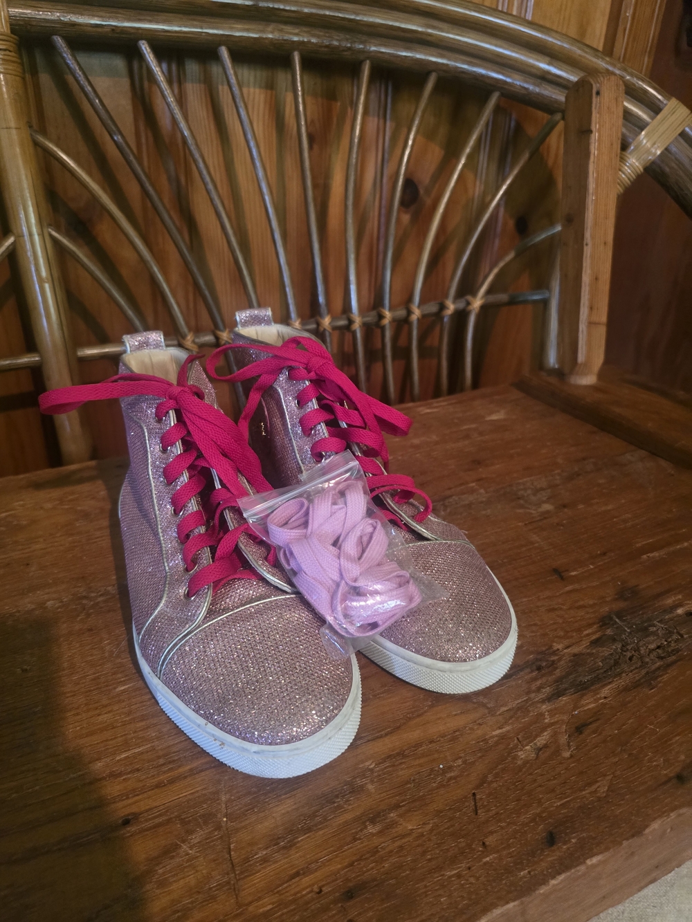 Christian Louboutin Sparkly Pink High Top Sneakers with Hot Pink Laces - Picture 15 of 16